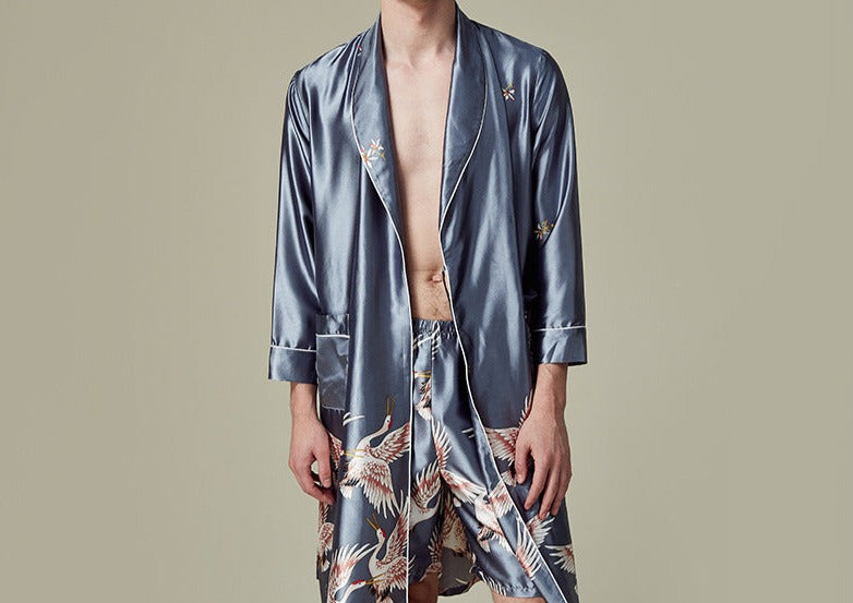 Men's Luxurious Kimono Robe with Shorts Silk Satin Bathrobes