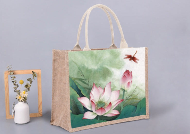 Chinese Art Burlap Shopping Bag | Lotus